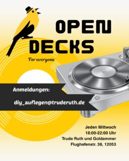 ✨OPEN DECKS✨

Seit Februar 2025 bieten wir die Möglichkeit an, bei uns einmal die Woche, am Mittwochabend, aufzulegen. Open Decks richtet sich an Menschen, die DJing ausprobieren oder lernen möchten, oder die einfach Musik präsentieren wollen, die ihnen am Herzen liegt.

Bei uns steht einiges Equipment und eine kleine Bühne zur Verfügung, mit denen man eine gute Zeit mit Freund:innen verbringen kann, während ihre lieblingssongs abgespielt werden und man etwas neues lernt.

Wir priorisieren FLINTA und queere Menschen, ist aber nicht ausschließend. 

Details und Infos findet ihr auf unsere Webseite: https://ruthgoldammer.de/diy-dj-dienstag/
Oder einfach per e-mail schreiben: diy_auflegen@truderuth.de

Bisous eure Trude 🫶

————————————

Since February 2025 we offer the chance of djing once a week, every wednesday evening. Open Decks is aimed to people who would like to try out or learn djing, or even whi just wants to show the music they love.

We have some equipment available but also a small stage, where people can have a good time with their friends while playing their favourite songs and learn some from djing.

We prioritize FLINTA and queer people, but it is nit exclusive.

Details and Infos can be checked in our website: https://ruthgoldammer.de/diy-dj-dienstag/
Or just send us an e-mail: diy_auflegen@truderuth.de

Bisous your Trude 🫶